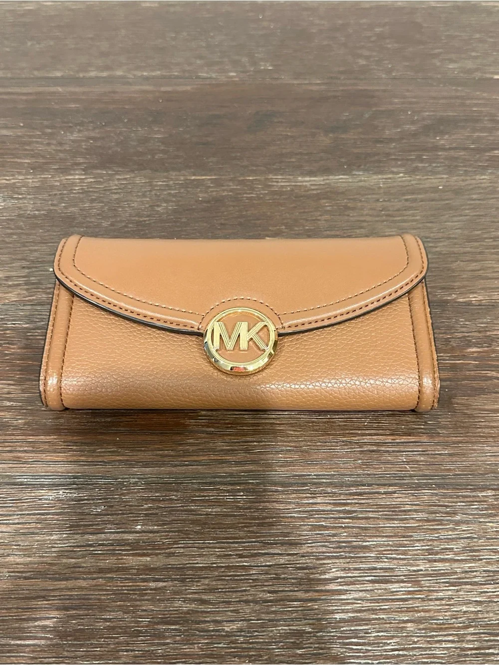 Michael Kors Tan Brown Leather Continental Wallet with Gold MK Emblem
